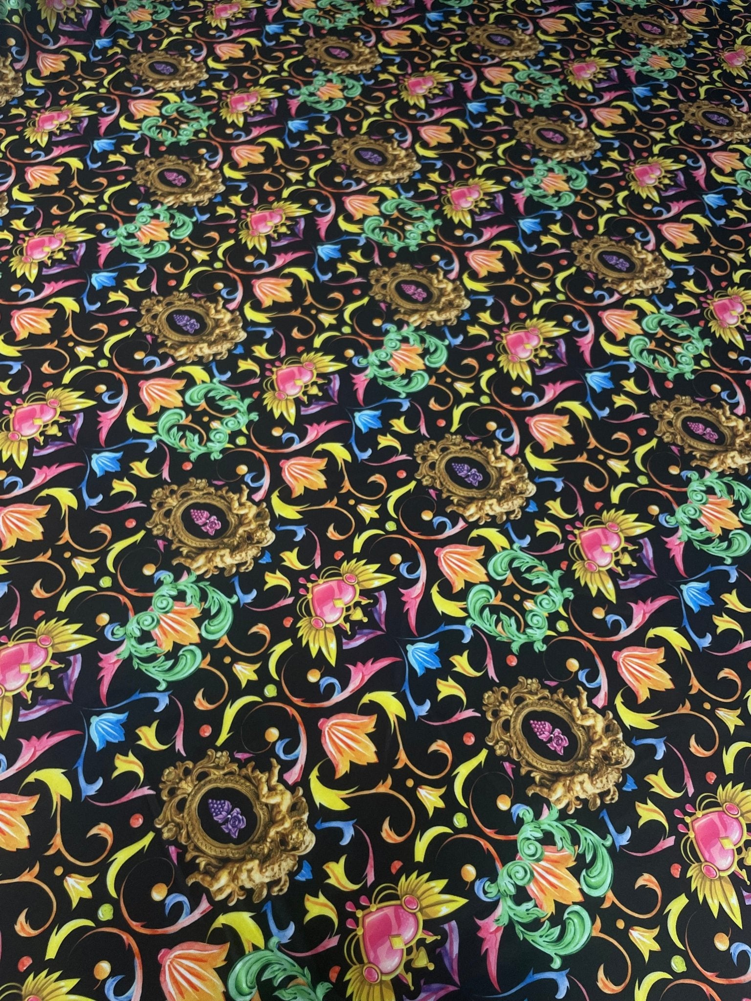 Baroque Floral Spandex Fabric with Gold Motifs - Whotex Fabrics London
