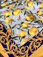 Baroque Lemon Fabric with Sicilian lemon pattern and ornate golden baroque border on yellow and blue background