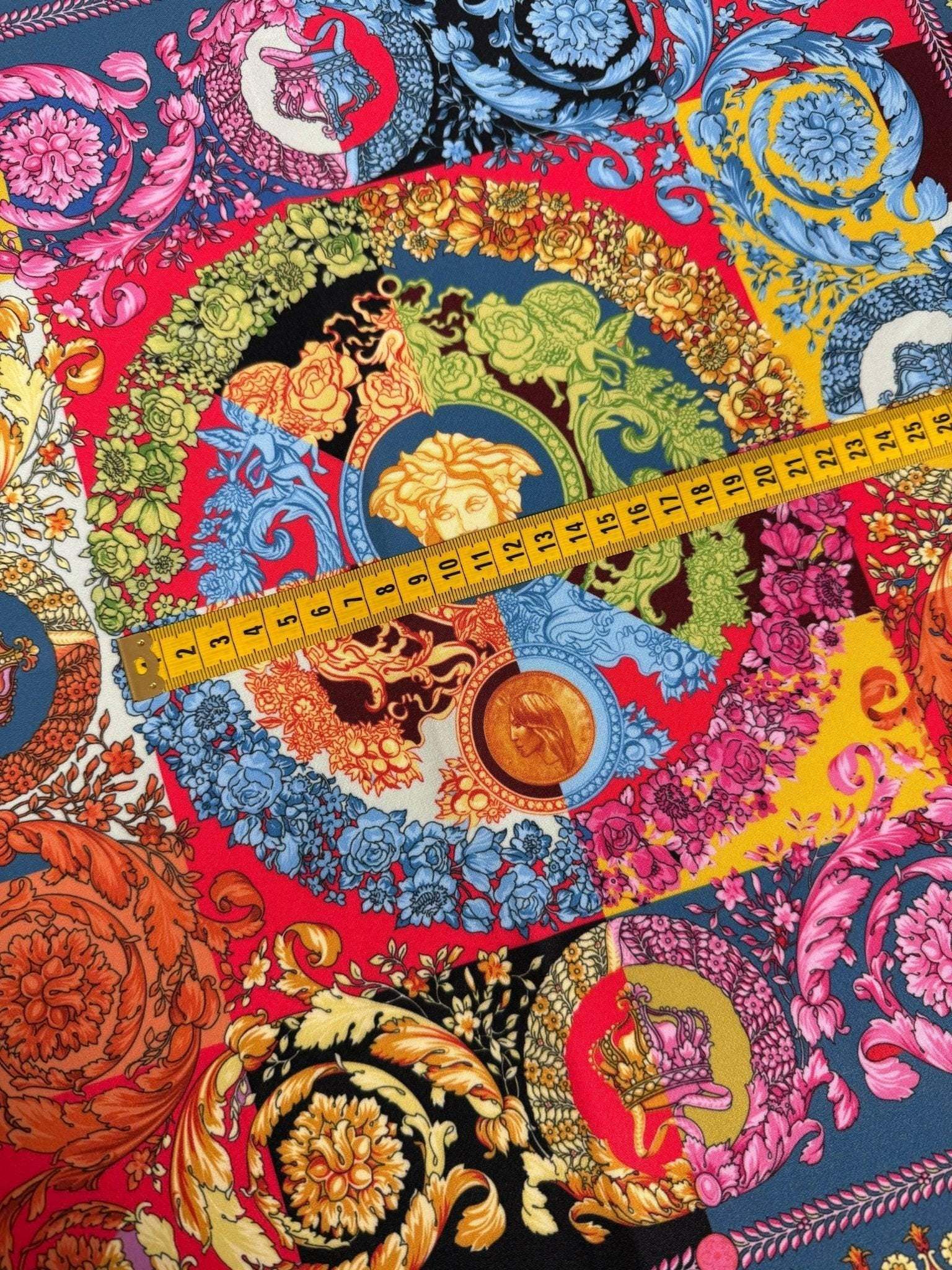 Colorful Baroque pattern Italian fabric with vibrant intricate floral and ornamental designs, fabric width 150cm with measuring tape