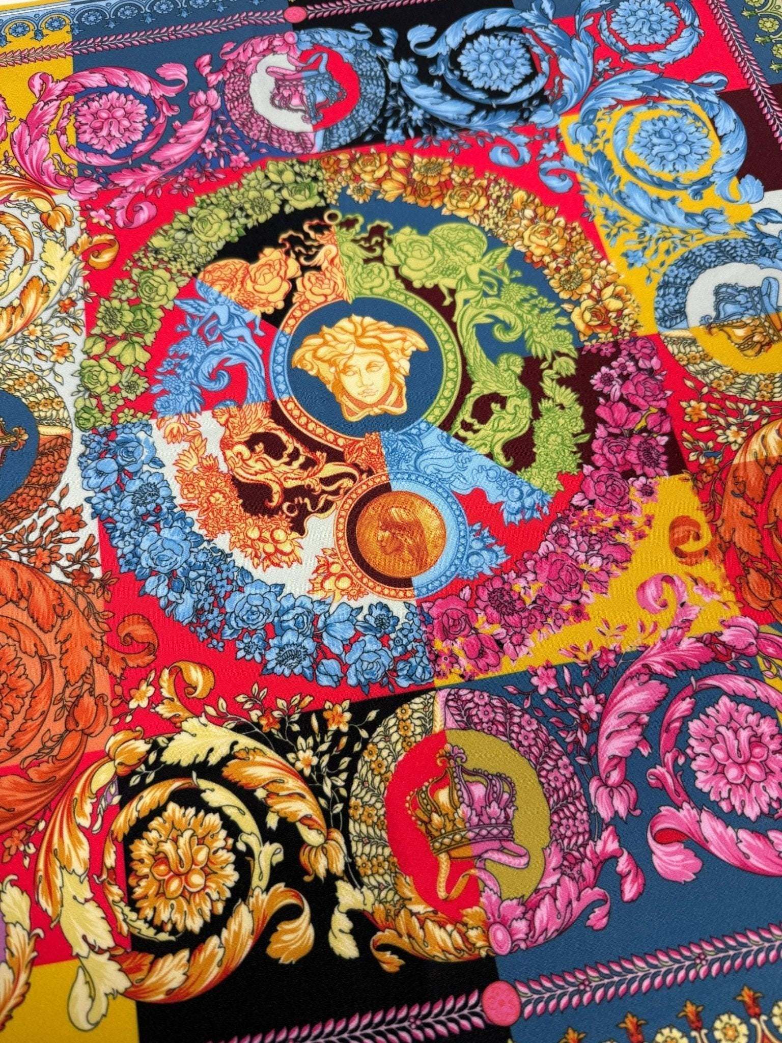 Colorful Baroque pattern Italian fabric with intricate floral and ornamental designs in vibrant colors, 150cm wide.