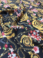 Black Baroque Floral Chain Fabric with gold ornate patterns and pink flowers, 150cm wide textile for sewing projects