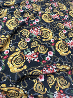 Baroque Floral Chain Fabric with gold baroque patterns, floral accents, and chain motifs on black background