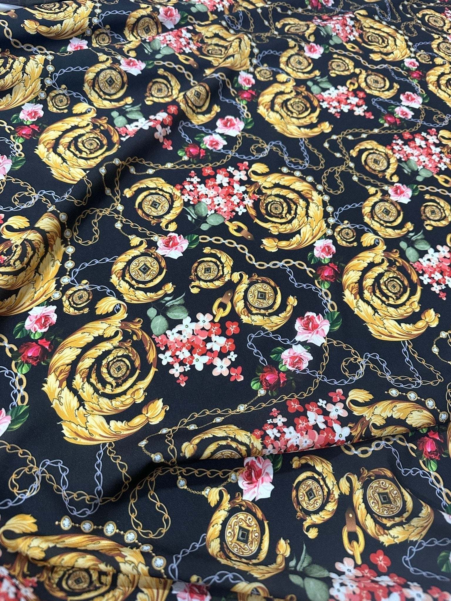 Baroque Floral Chain Fabric with gold baroque patterns, floral accents, and chain motifs on black background