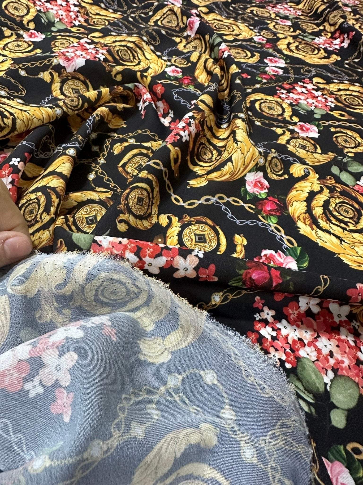 Baroque Floral Chain Fabric with intricate gold floral and chain pattern on black background, sold by the yard, perfect for sewing projects