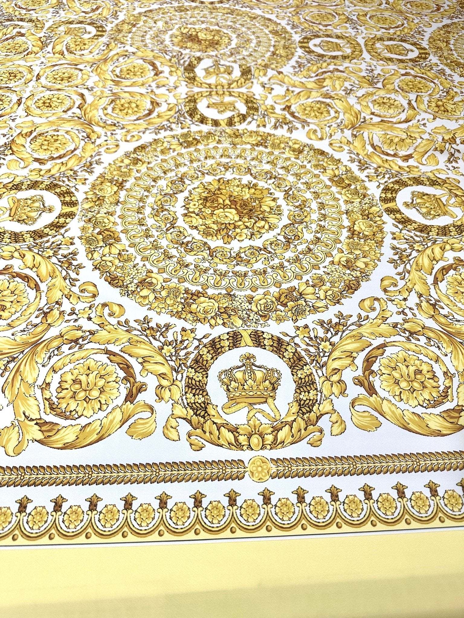 Baroque gold and white fabric with intricate elegant patterned design ideal for upholstery and drapery projects