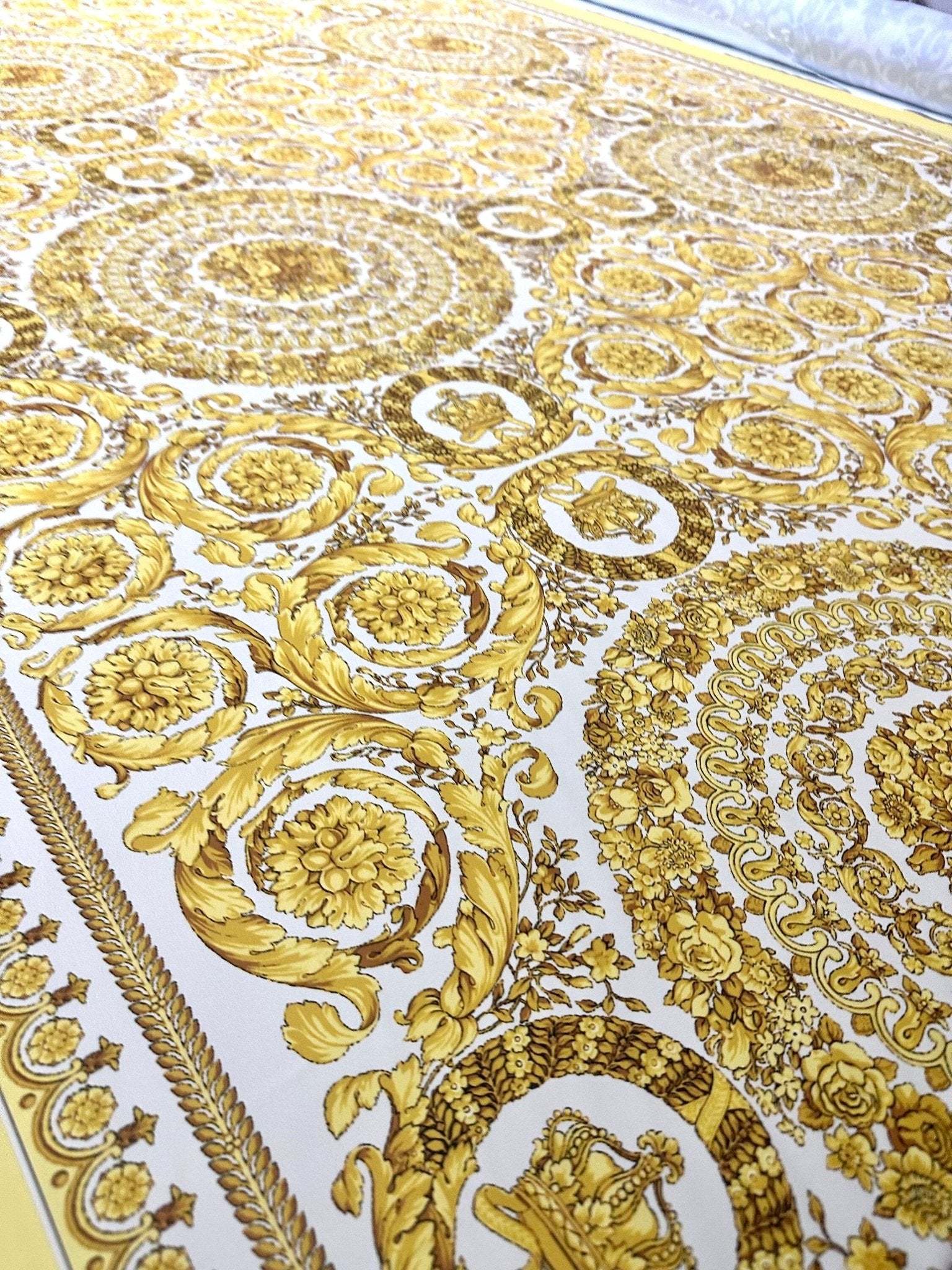Baroque gold and white fabric with intricate ornate circular patterns and floral designs, suitable for upholstery and drapery projects