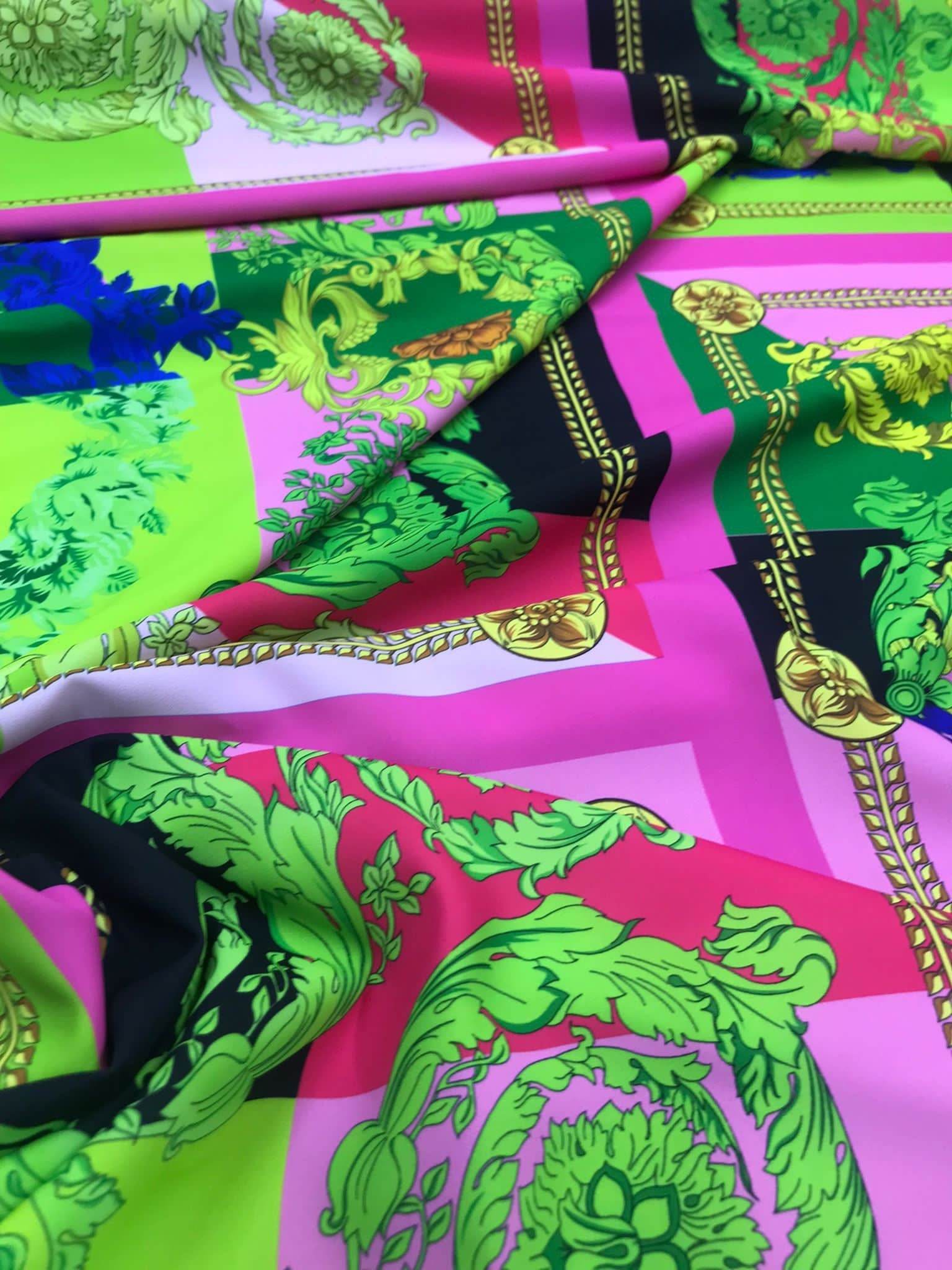 Green and pink Baroque pattern fabric with intricate decorative design, 150cm wide for upholstery, curtains, or crafts