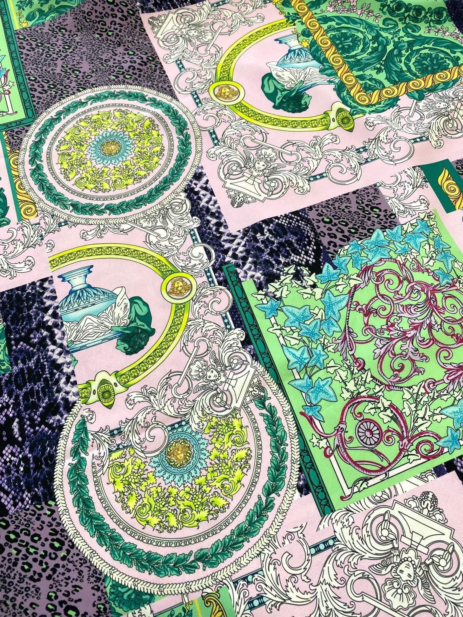 Baroque pattern fabric with green borders and soft pastel colors in intricate design