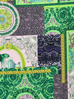 Baroque pattern fabric with green borders and soft color palette featuring intricate designs and varied textures