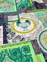 Baroque pattern fabric with green borders and soft pastel color palette, 150cm wide textile with intricate classical designs