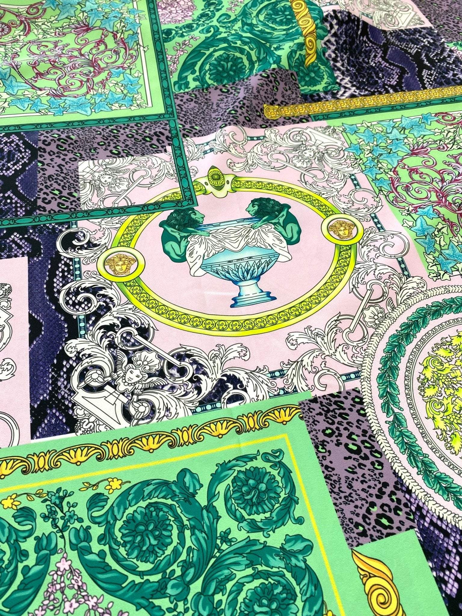 Baroque pattern fabric with green borders and soft pastel color palette, 150cm wide textile with intricate classical designs