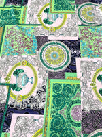 Baroque pattern fabric with green borders and soft pastel color palette, featuring intricate ornate designs and decorative motifs