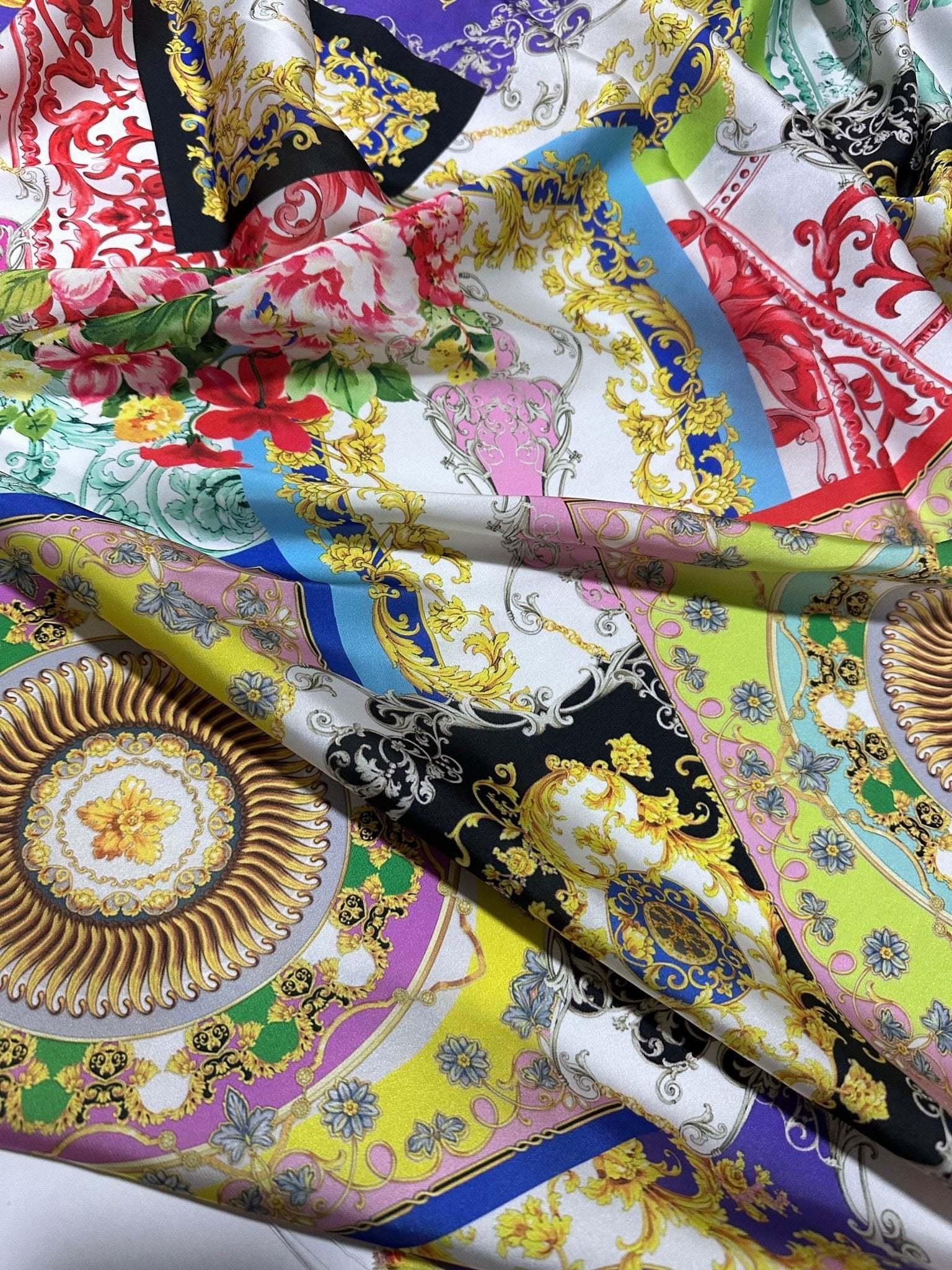 multicolor baroque pattern fabric with intricate designs and vibrant colors for upholstery clothing and crafts
