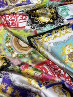 Vibrant multicolor baroque pattern fabric with intricate designs for upholstery, clothing, and crafts.