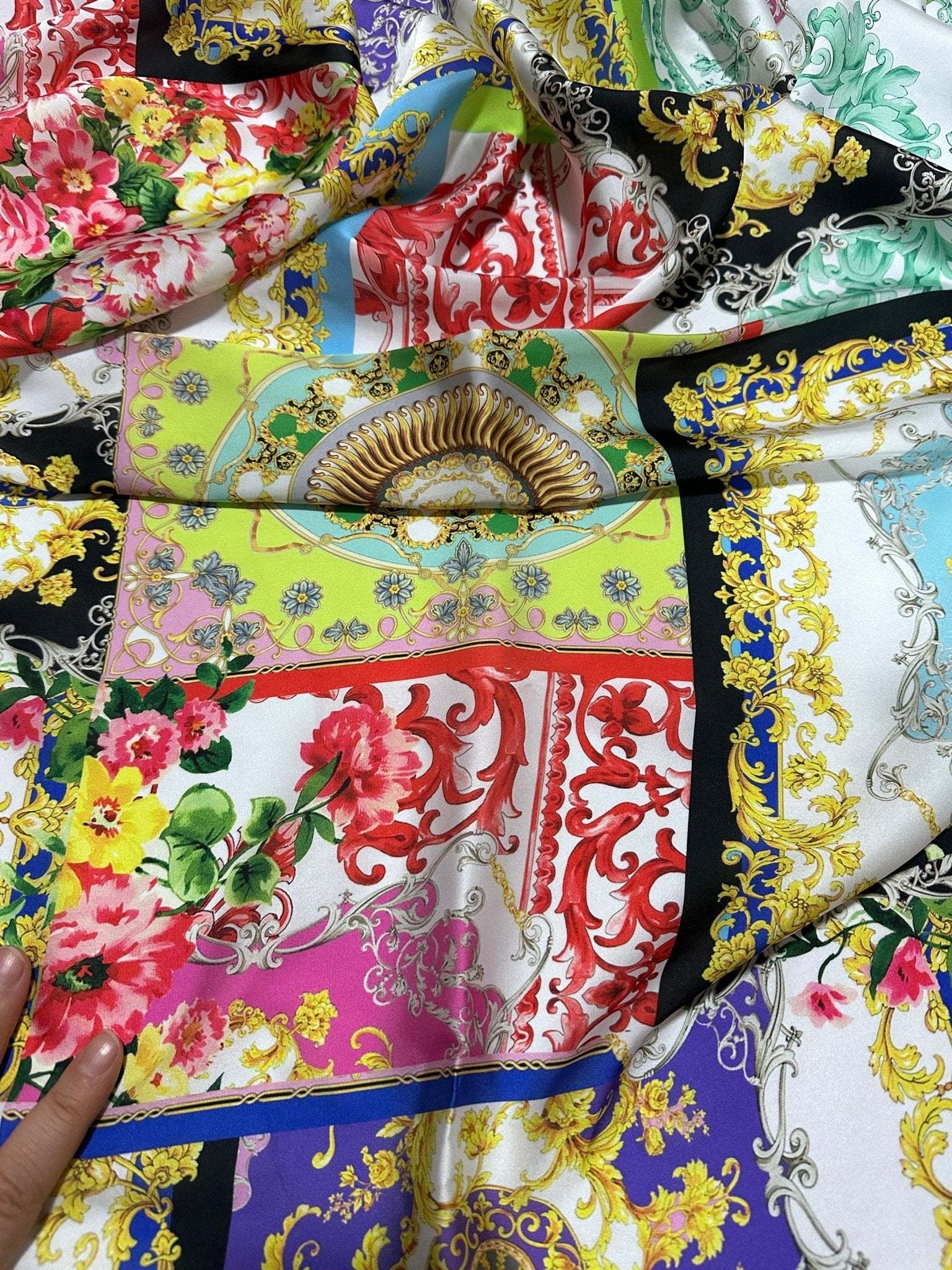 Vibrant multicolor Baroque Pattern Fabric with intricate floral and ornamental designs, suitable for upholstery, clothing, and crafts, fabric width 150cm