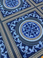 Navy blue baroque fabric with Greek key and floral ornate pattern