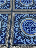 Navy blue Baroque fabric with intricate Greek key and floral patterns, ideal for upholstery and drapery.