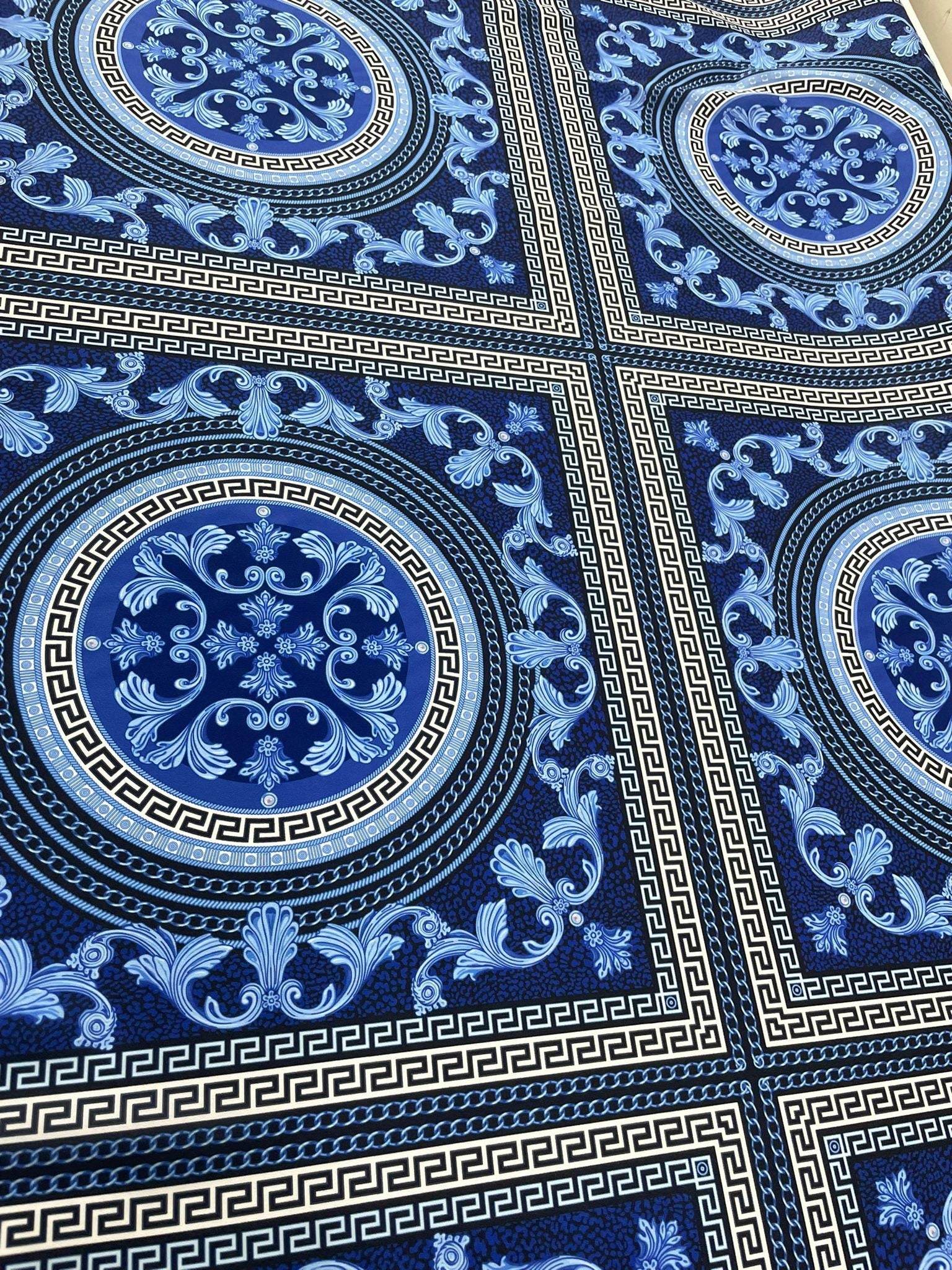 Navy blue baroque fabric with Greek key and ornate circular patterns for upholstery and drapery projects