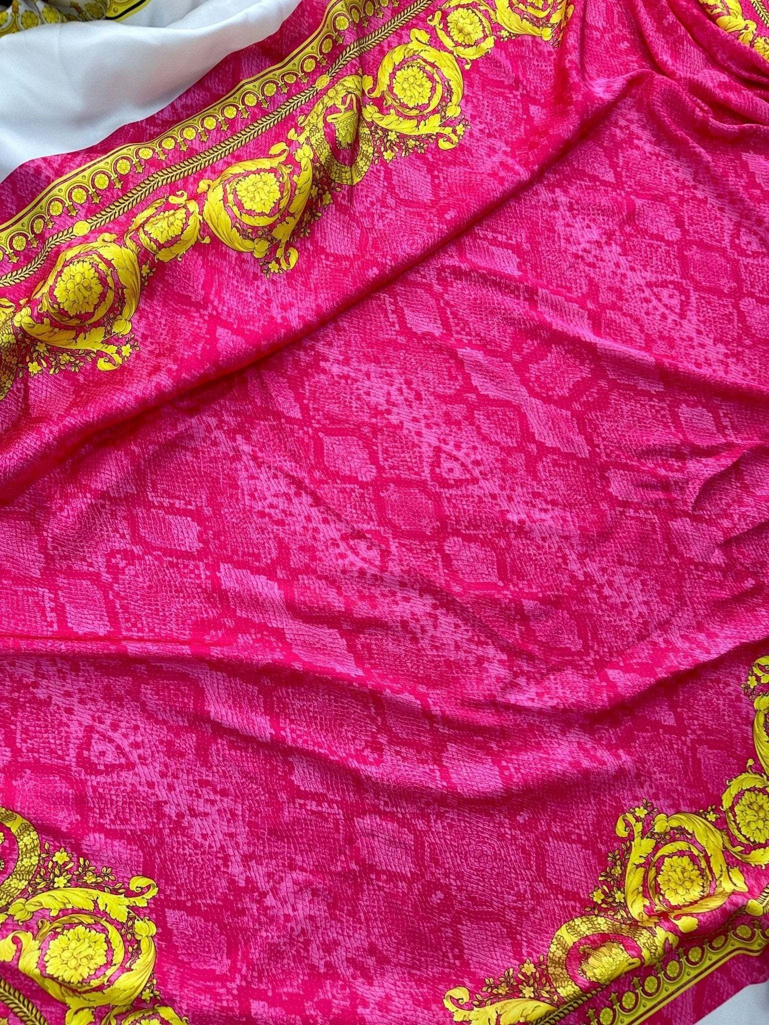 Baroque pink satin fabric with gold ornate border and silky texture, 150x100cm panel