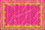 Baroque pink satin fabric panel with gold ornate border and intricate textured pattern, 150x100cm size