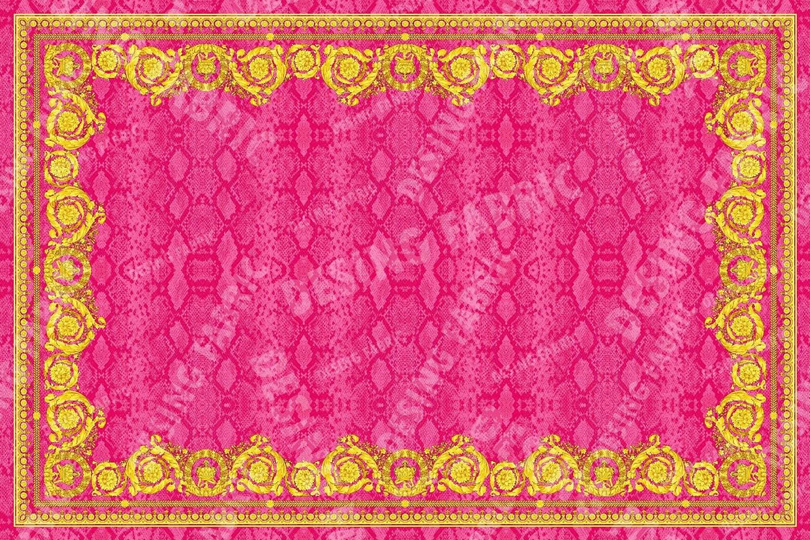 Baroque pink satin fabric panel with gold ornate border and intricate textured pattern, 150x100cm size
