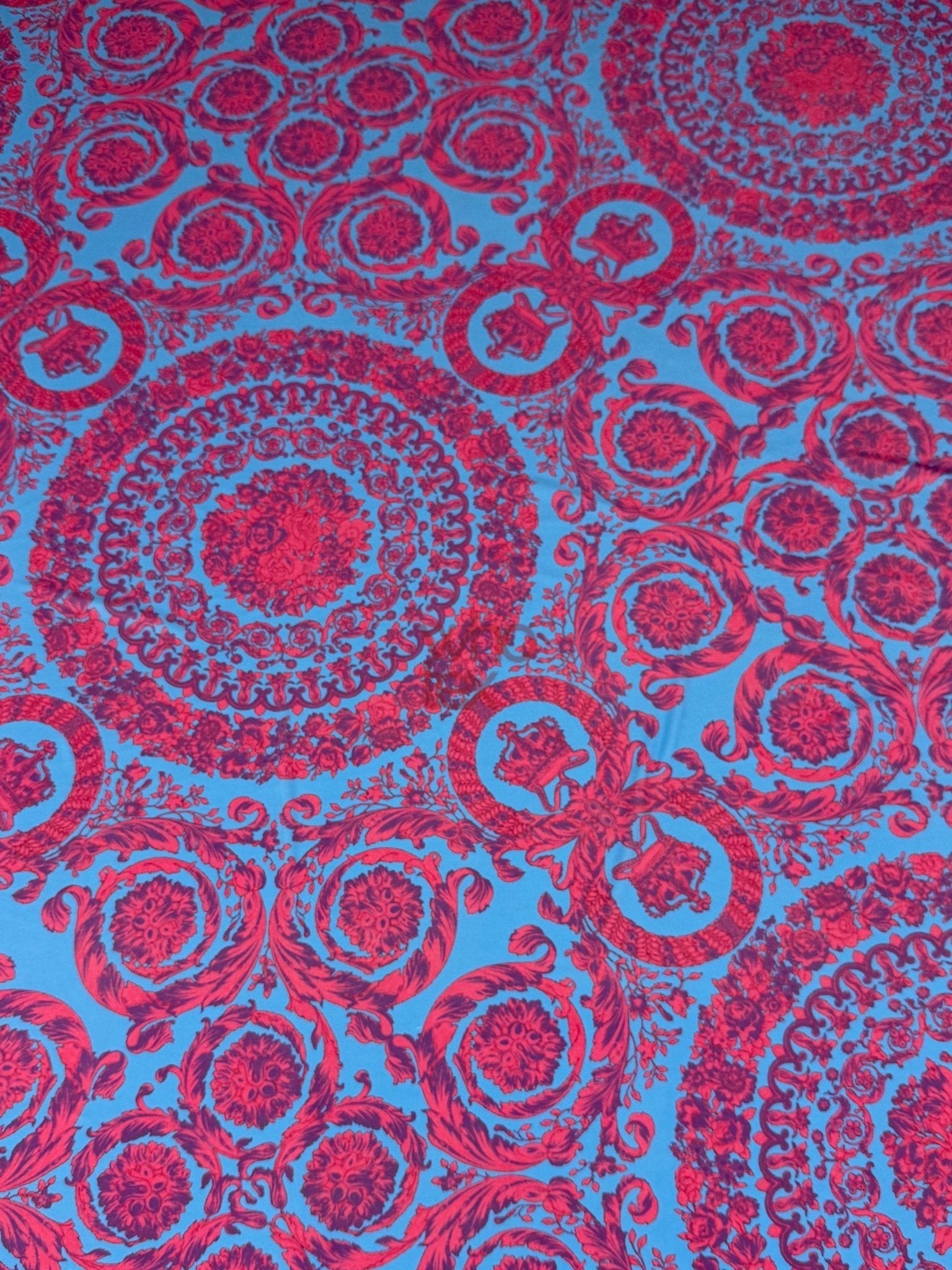 Purple and blue baroque pattern fabric with intricate circular designs, sold by the yard, 150cm width
