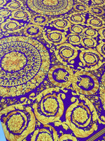 Purple Baroque pattern fabric with intricate gold floral and ornamental designs on rich purple background, 150cm wide upholstery fabric