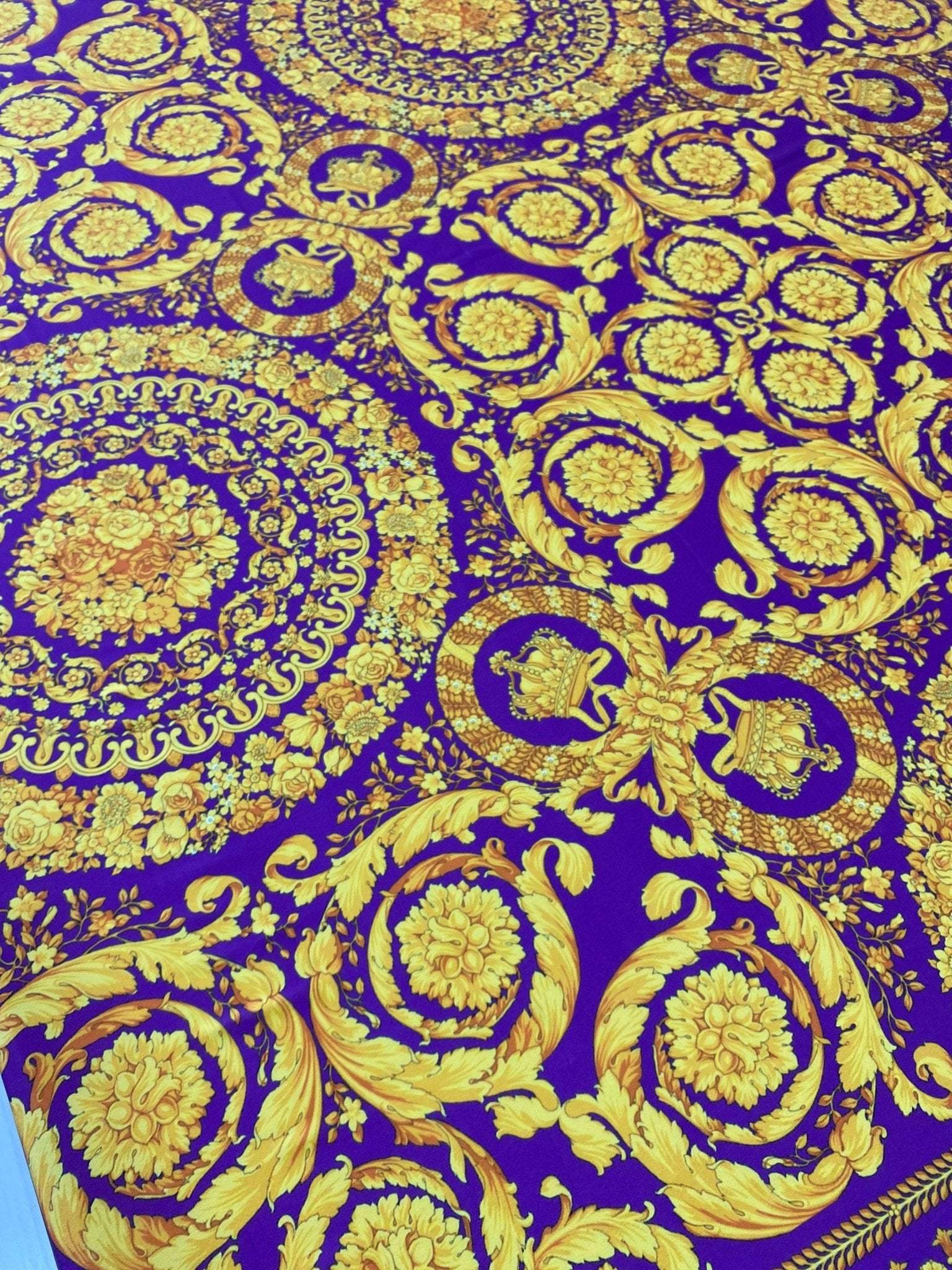Purple Baroque pattern fabric with intricate gold floral and ornamental designs on rich purple background, 150cm wide upholstery fabric