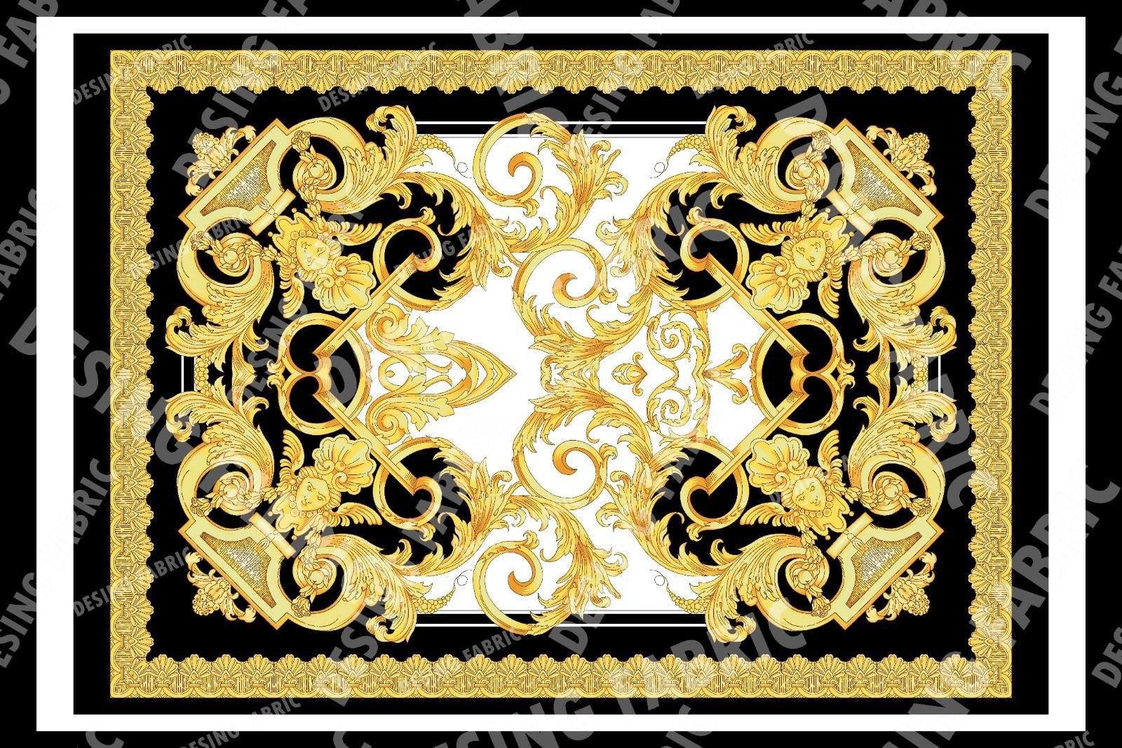 Baroque Silky Crepe Fabric with elegant gold and black patterned design, 150cm wide, sold by the yard