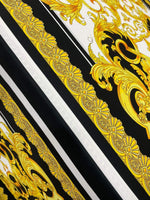 Baroque Silky Crepe Fabric with elegant gold and black baroque pattern on silky crepe material