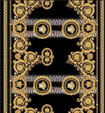 Baroque Leopard Fabric with black background, gold baroque patterns, and leopard print accents