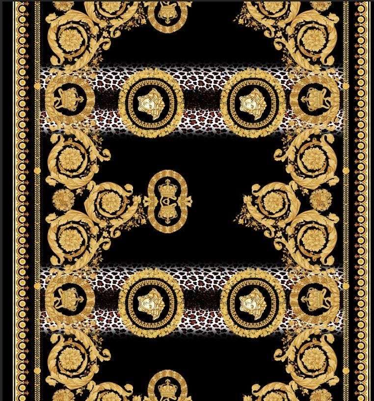 Baroque Leopard Fabric with black background, gold baroque patterns, and leopard print accents