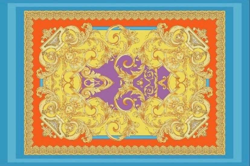 Baroque Pattern Silky Crepe Fabric in vibrant orange, blue, and yellow with intricate golden designs, 150x100cm panel.