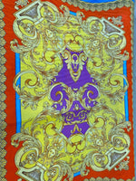 Baroque pattern silky crepe fabric in vibrant orange, blue, and yellow with intricate gold designs and silky texture, 150x100cm panel