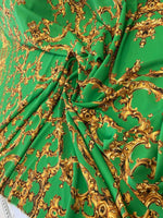 Baroque green fabric with intricate gold print upholstery material