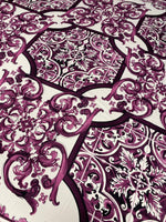 Baroque style purple ornamental print fabric with intricate elegant design and rich color, ideal for sewing and home decor projects