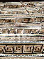 Beige brown silky crepe fabric with geometric and Greek key pattern designs
