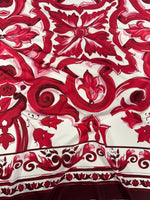 Red fabric with bold Big Majolica pattern inspired by Sicilian design, vibrant magenta red, 150cm width