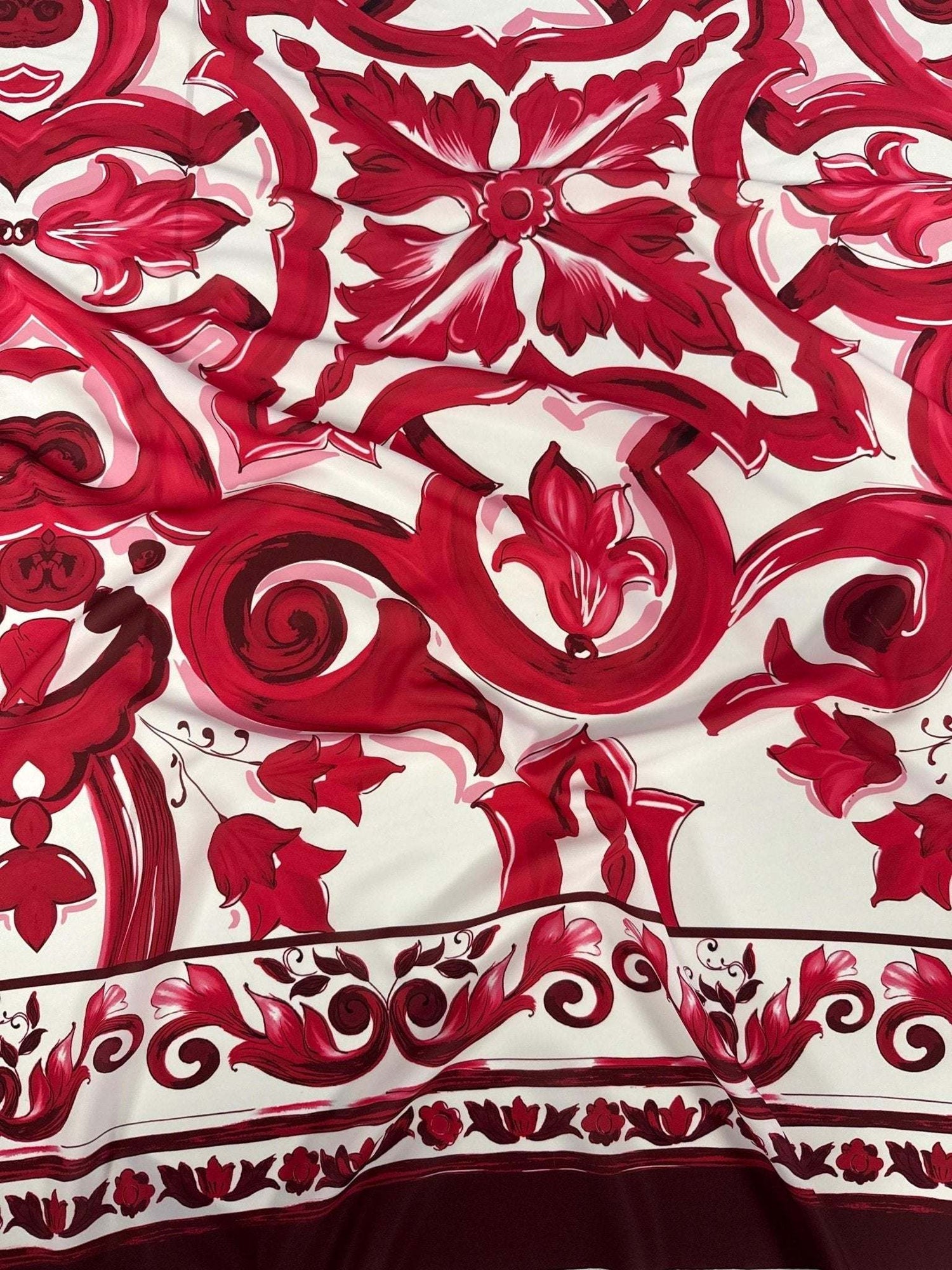 Red fabric with bold Big Majolica pattern inspired by Sicilian design, vibrant magenta red, 150cm width