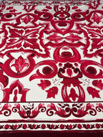 Red Big Majolica pattern fabric with vibrant magenta Sicilian-inspired design on white background, fabric width 150cm