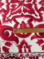 Red Big Majolica Pattern Fabric with vibrant magenta motifs on white background, fabric width 150cm, ruler for scale
