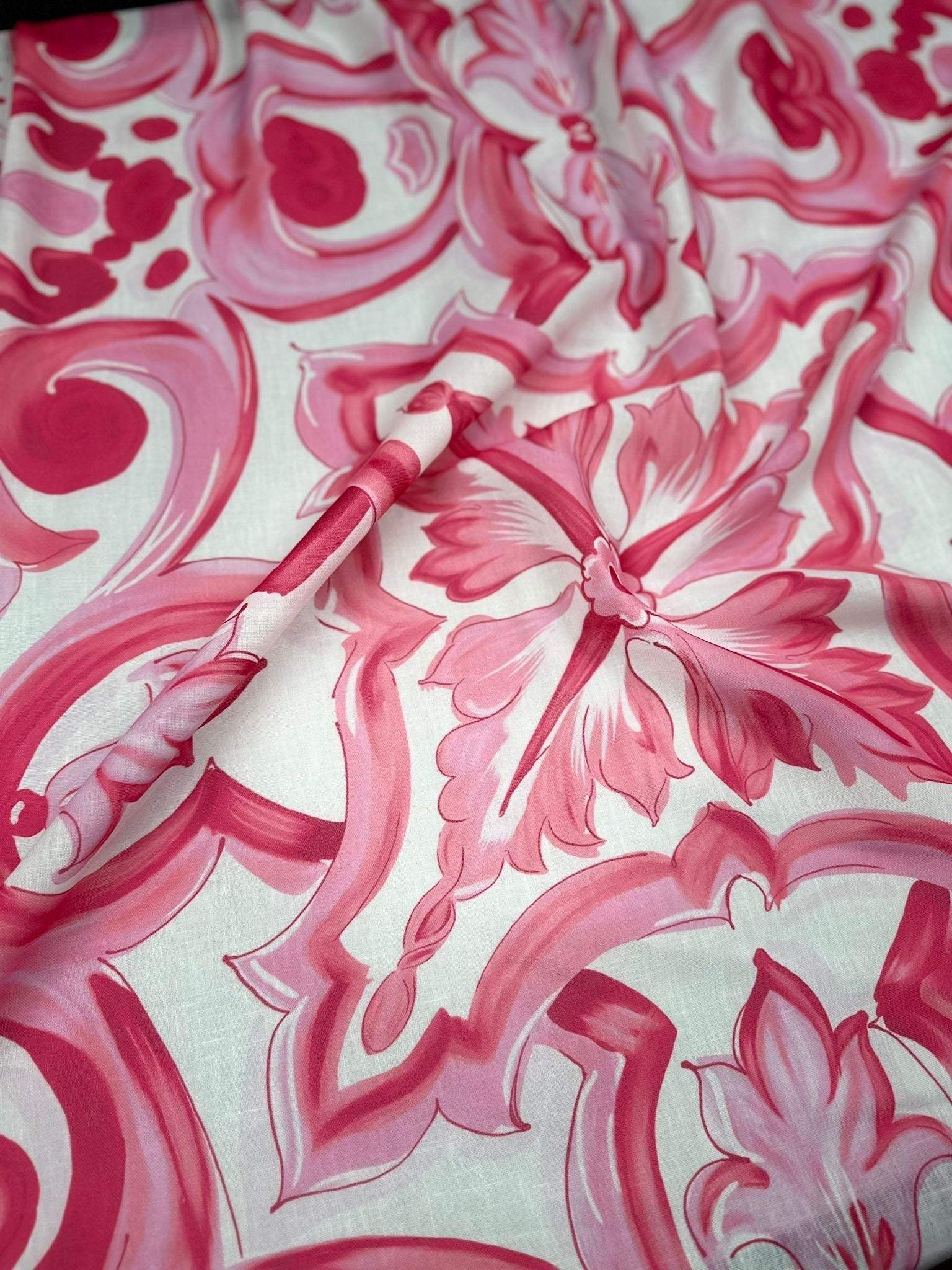 Pink and white big Majolica pattern fabric with Sicilian-inspired floral and geometric design