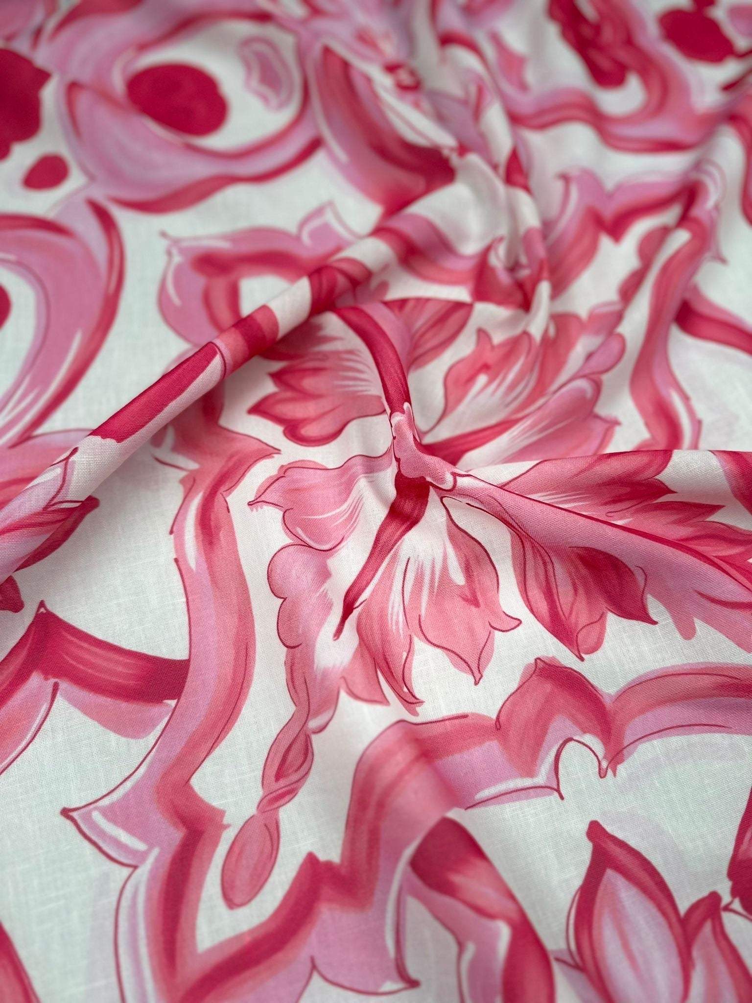 Close-up of Big Majolica Pattern Fabric with pink and white Sicilian design, fabric sold by the yard and 150cm wide