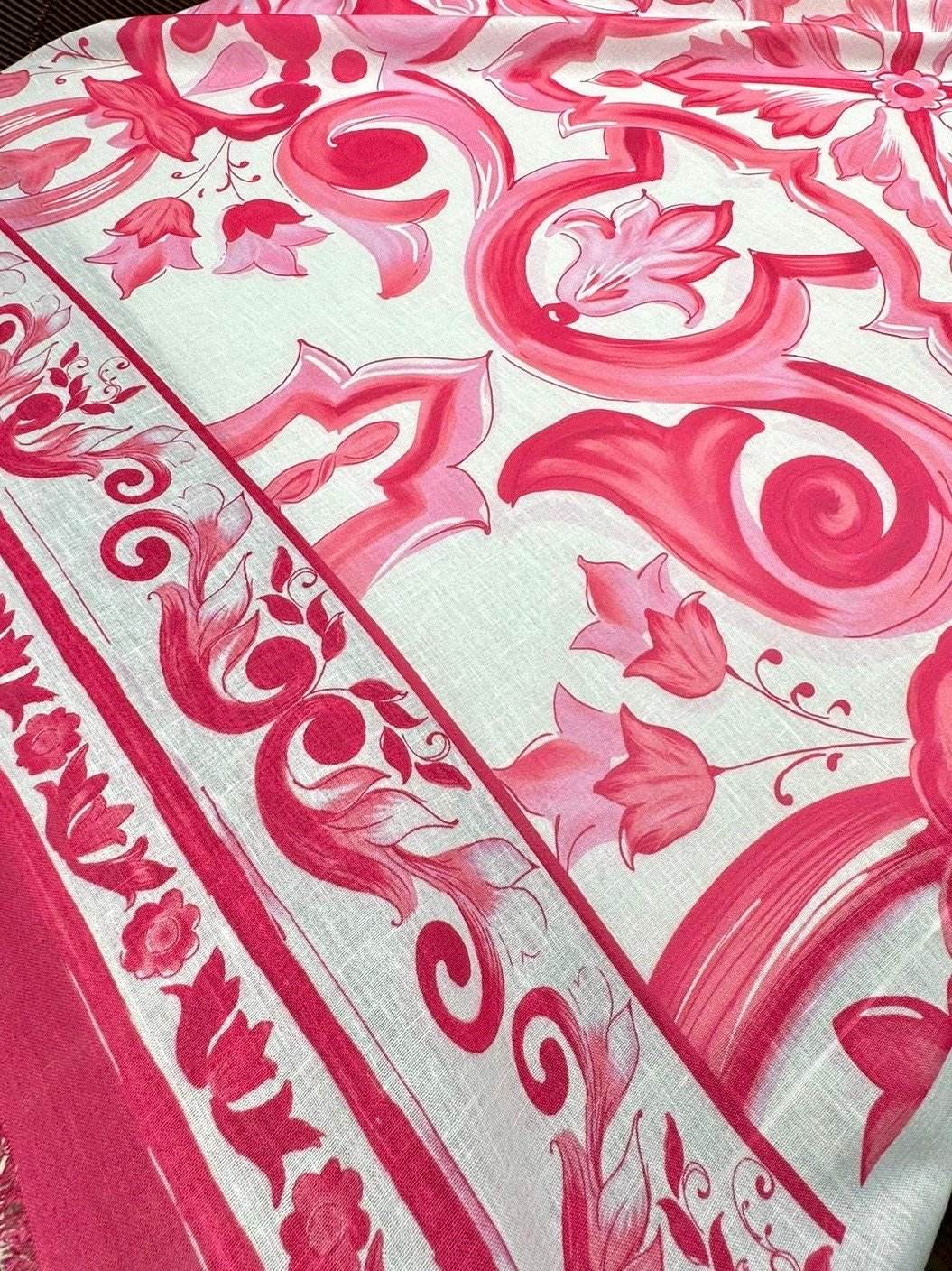 Pink and white Big Majolica Pattern Fabric with Sicilian floral and scroll design sold by the yard, 150cm wide