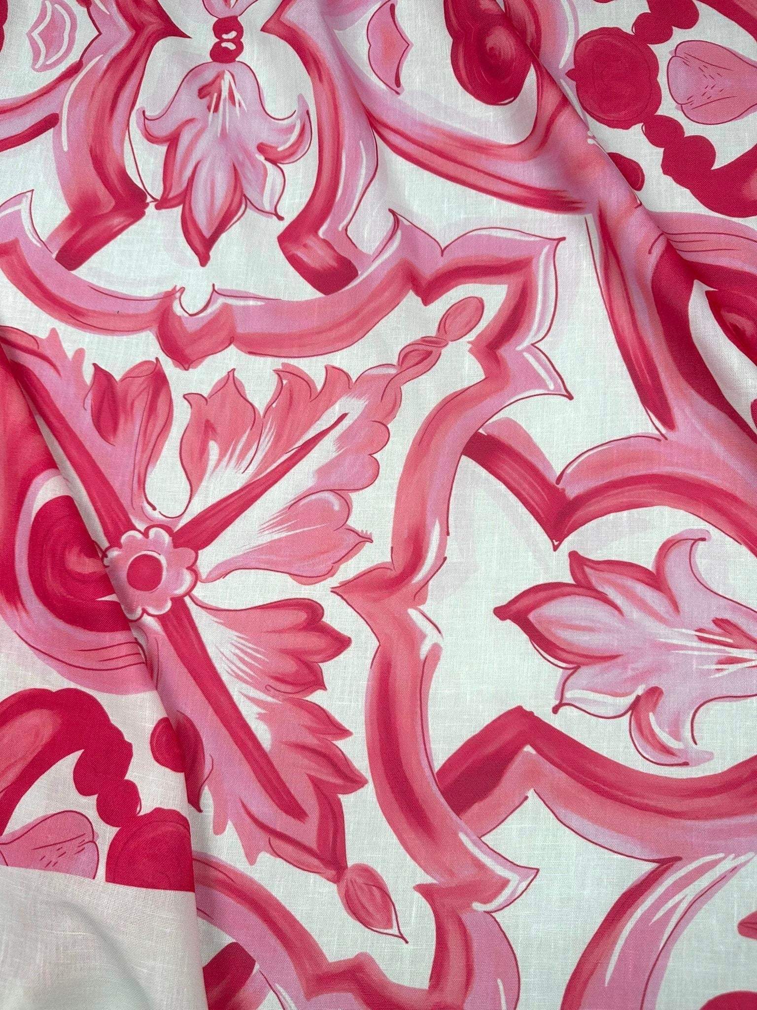 Pink and white Big Majolica Pattern Fabric with Sicilian floral design, sold by the yard, 150cm width