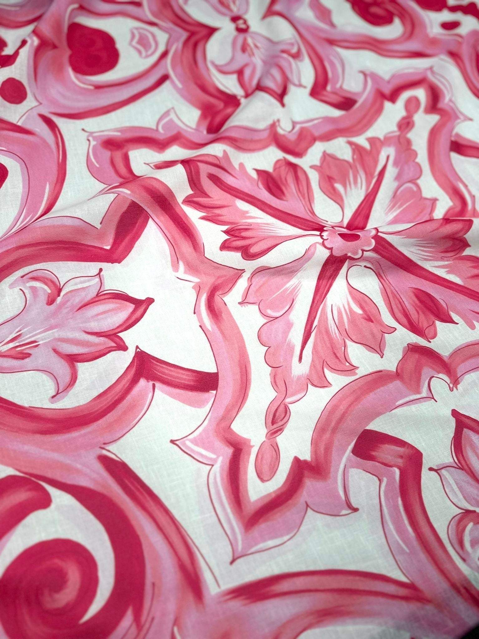 Close-up of Big Majolica Pattern Fabric with pink and white Sicilian design on 150cm wide fabric