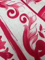 Close-up of pink and white Big Majolica Pattern Fabric with Sicilian floral and swirl design on 150cm wide fabric sold by the yard