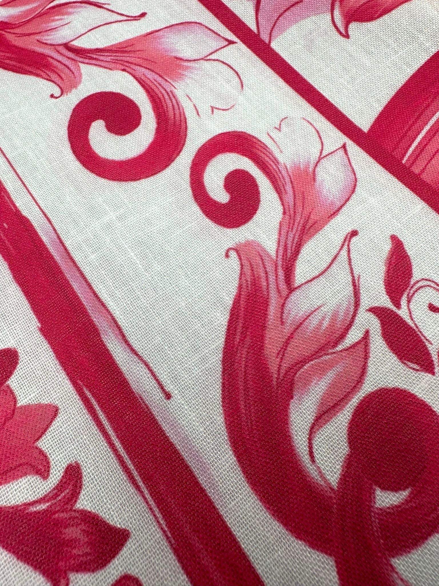 Close-up of pink and white Big Majolica Pattern Fabric with Sicilian floral and swirl design on 150cm wide fabric sold by the yard
