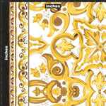 Yellow fabric with large Sicilian Majolica pattern in golden and brown tones on white background