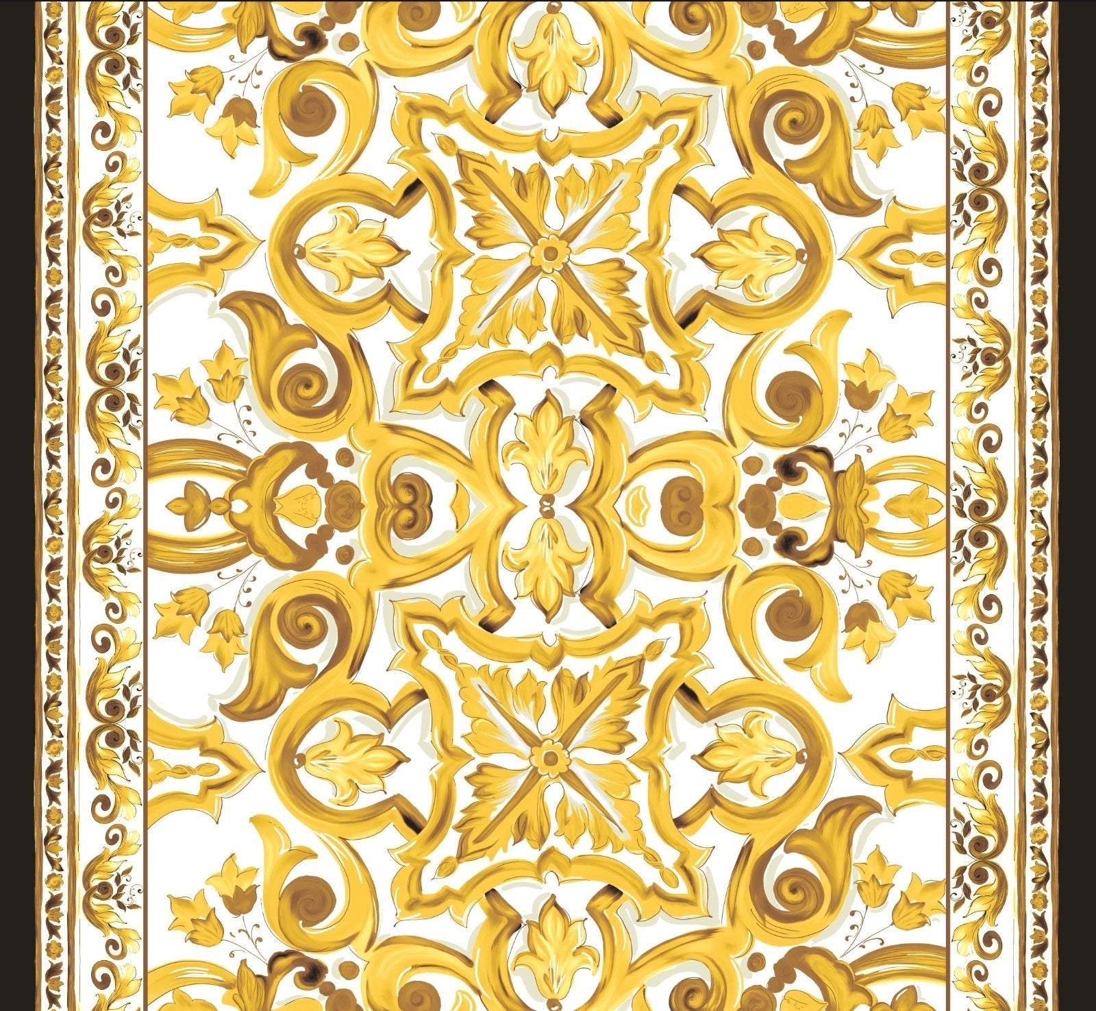 Yellow Big Majolica pattern fabric with intricate Sicilian-inspired floral and scroll designs on a white background, ideal for upholstery and home decor projects.